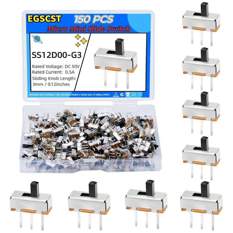 EGSCST 150PCS Micro Mini Slide Switch SPDT Toggle Switches 1p2t 2 Position 3 Pin Small Miniature Vertical Panel Mount Knob for Arduino PCB Breadboard Electronic Project - SS12D00G 3mm DC 50V 0.5A - Image 1
